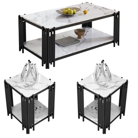 Ufurpie Coffee Table Set Of 3,Modern 3-Piece Table Set Faux Marble ... with Teak Modern Coffee Table Set, 3, Df Cuties